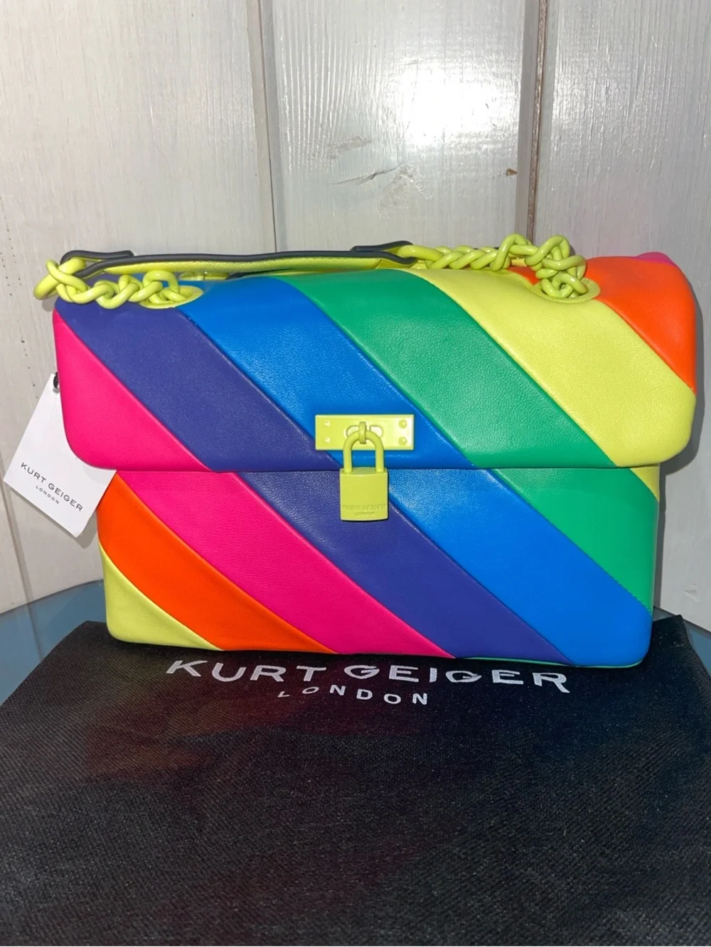 Kurt Geiger London Brixton Lock Multi Color Shoulder Leather Bag Neon Chain NWT - Picture 3 of 12